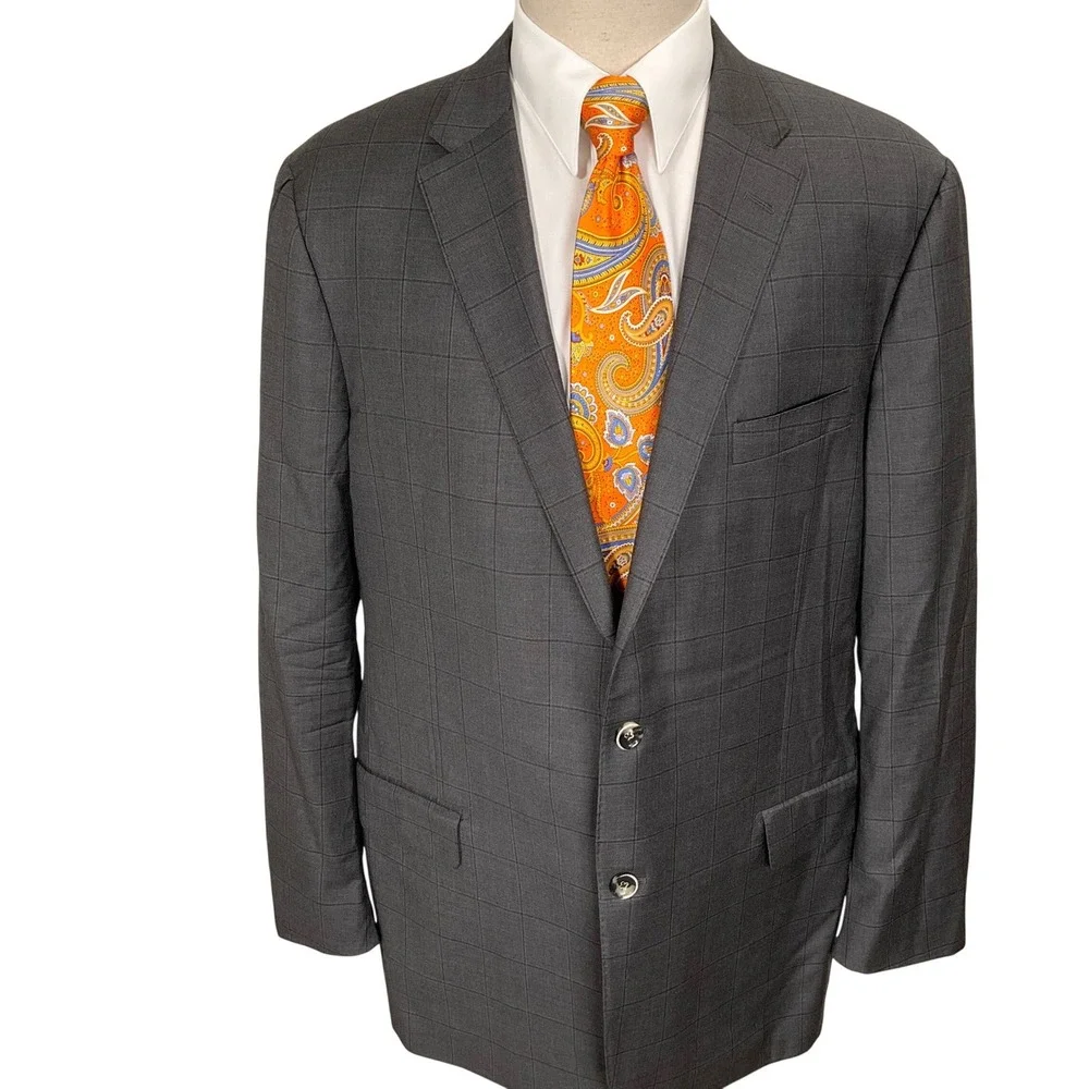 Hickey‎ Freeman Blazer Mens 46L Charcoal Windowpane Loro Piana Super 170s Wool